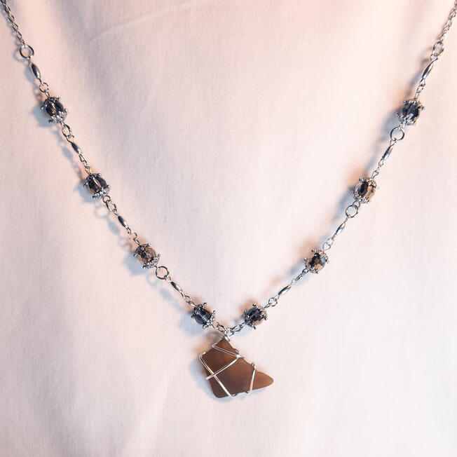 brown and silver sea glass necklace